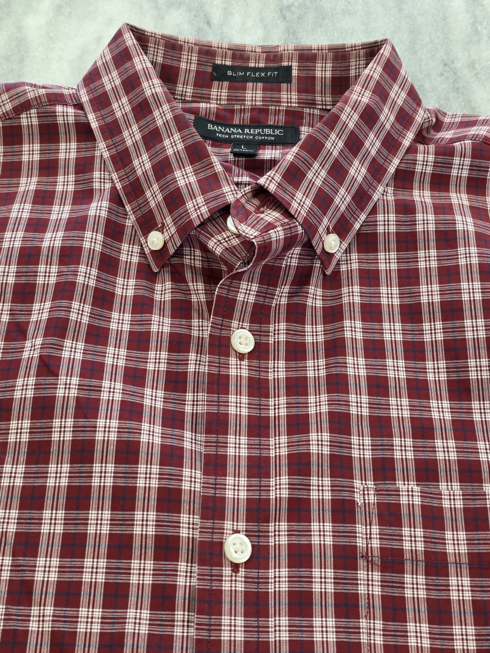 (L) Men's Banana Republic Casual Button Up Shirt Red Plaid Cotton Slim Flex Fit
